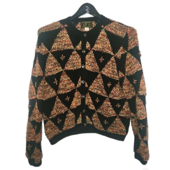 VTG SOUTH WOOL Hand Knit Bolivia Sweater Black Colorful Geo Cardigan Buttons L - Picture 1 of 6